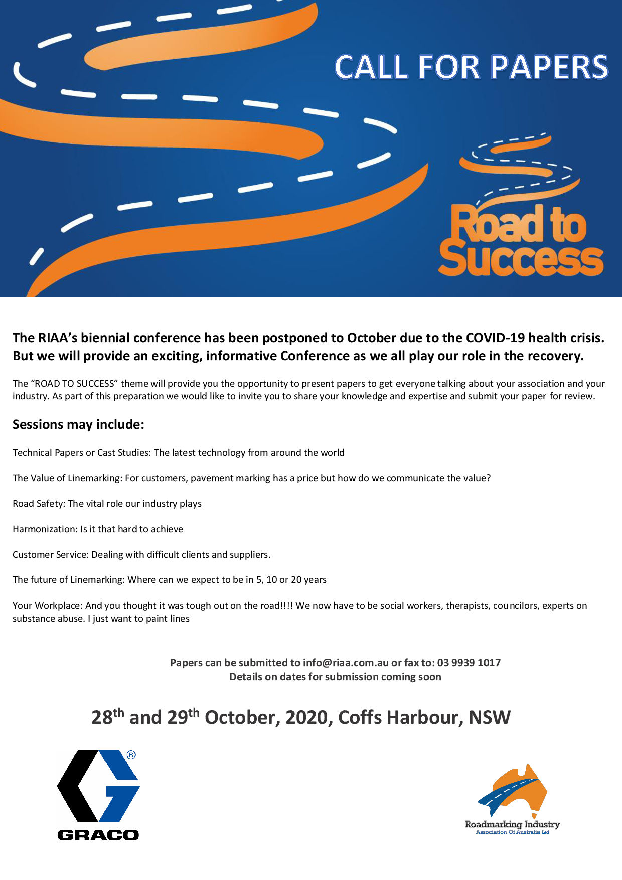 Call for Papers - October 28th and 29th 2020 – Road To Success Conference Opal Cove Resort Coffs Harbour